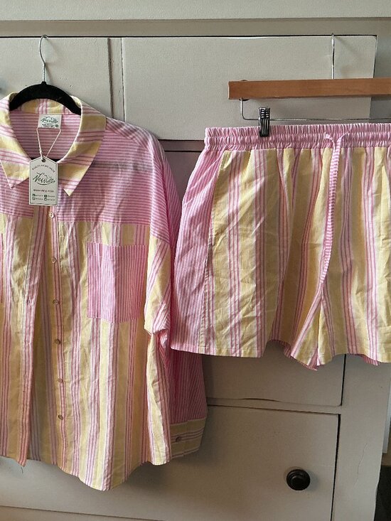 Very J Other - NWT Very J Pink & Yellow Striped Matching Lounge Set | Button Down Top + Shorts